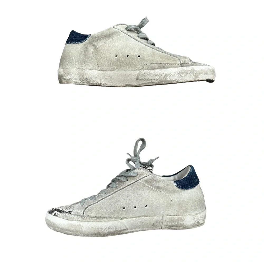 Golden Goose Denim Trimmed Snakeskin Leather Superstar Sneakers Gray Purple - Picture 4 of 11